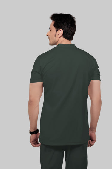 Stretchable (2Way) Male Bottle Green Mandarin With Straight Pant Scrub Set