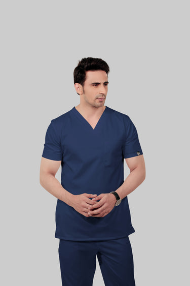 Stretchable (2Way) Male Navy Blue V-Neck With Straight Pant Scrub Set