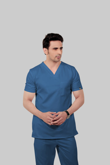 Stretchable (2Way) Male Steel Blue V-Neck Scrub Top