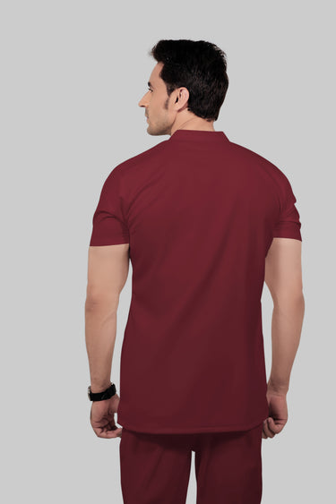 Stretchable (2way) Male Maroon Mandarin Neck Scrub Top