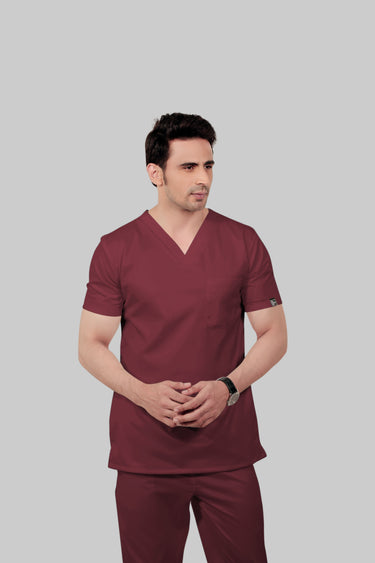 Stretchable (2Way) Male Maroon V-Neck Scrub Top