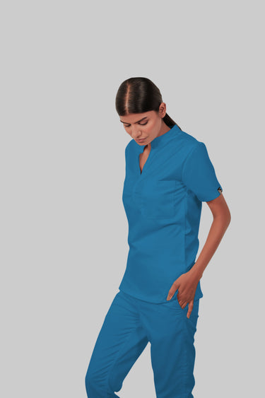 Stretchable (2Way) Female Peacock Blue Mandarin Neck Scrub Top
