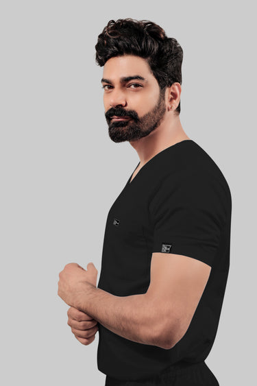 Stretchable (4Way) Male Black V-Neck With Straight Pant Scrub Set