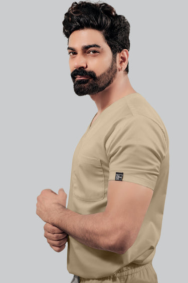 Stretchable (4Way) Male V Neck Beige Scrub Top
