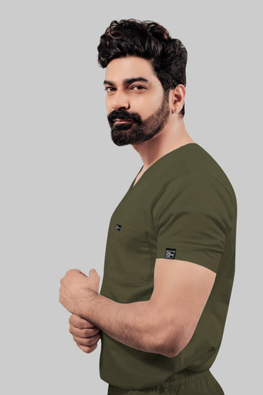 Stretchable (4Way) Male Olive Green V-Neck With Jogger Scrub Set
