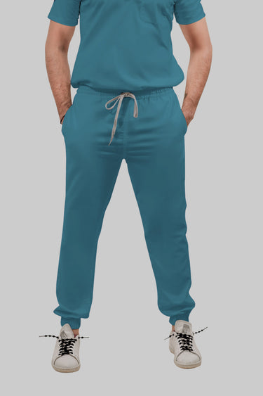 Stretchable (4Way) Female Peacock Blue Mandarin Neck With Jogger Scrub Set