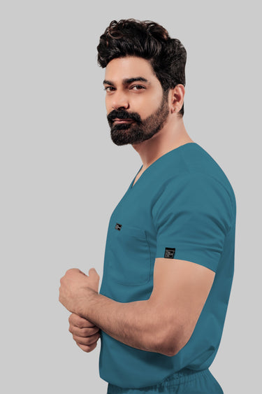 Stretchable (4Way) Male V-Neck Peacock Blue Scrub Top