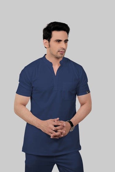 Stretchable (2Way) Male Navy Blue Mandarin Neck With Jogger Scrub Set
