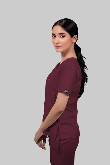 Stretchable (4Way) Female Burgundy V-Neck Scrub Top