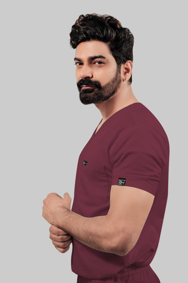 Stretchable (4Way) Male Burgundy V-Neck With Jogger Scrub Set