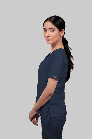 Stretchable (4Way) Female Navy Blue V-Neck With Straight Pant Scrub Set