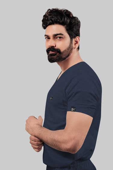 Stretchable (4Way) Male Navy Blue V-Neck With Jogger Scrub Set