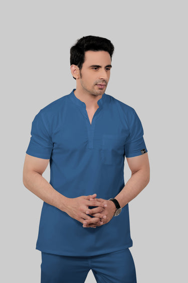 Stretchable (2Way) Male Steel Blue Mandarin Neck With Jogger Scrub Set