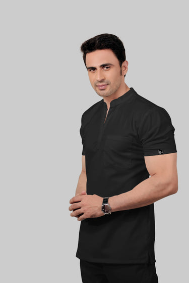 Stretchable (2Way) Male Black Mandarin Neck With Straight Pant Scrub Set