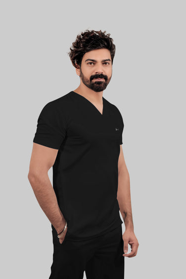 Stretchable (4Way) Male Black V-Neck With Jogger Scrub Set