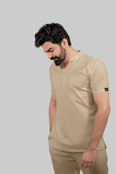 Stretchable (4Way) Male Beige Mandarin Neck Scrub Top