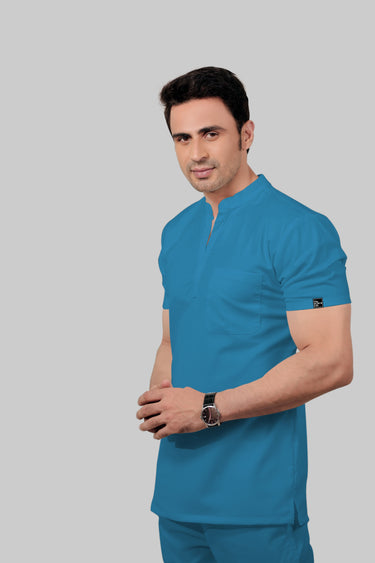 Stretchable (2Way) Male Peacock Blue Mandarin Neck With Straight Pant Scrub Set