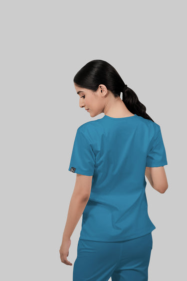 Stretchable (2Way) Female Peacock Blue V-Neck With Straight Pant Scrub Set