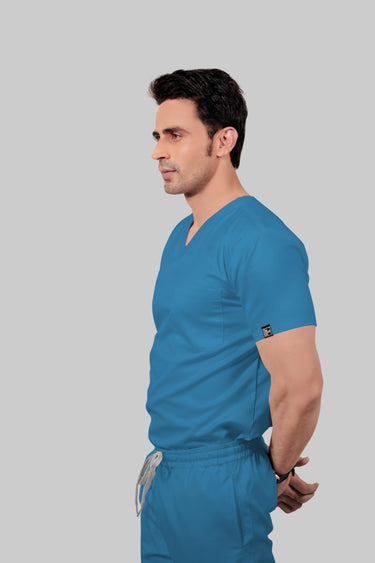 Stretchable (2Way) Male Peacock Blue V-Neck With Straight Pant Scrub Set