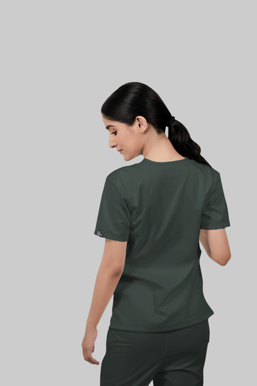 Stretchable (2Way) Female Bottle Green V-Neck With Straight Pant Scrub Set
