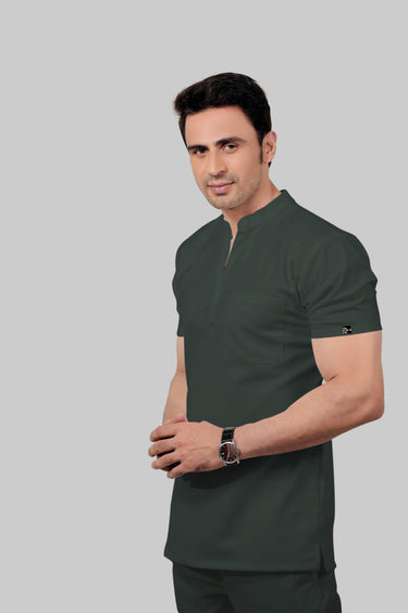 Stretchable (2Way) Male Bottle Green Mandarin Neck With Jogger Scrub Set