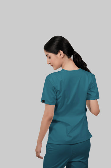 Stretchable (4Way) Female Peacock Blue V-Neck Scrub Top