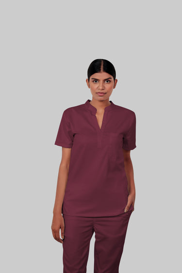 Stretchable (4Way) Female Burgundy Mandarin Neck With Straight Pant Scrub Scrub Set