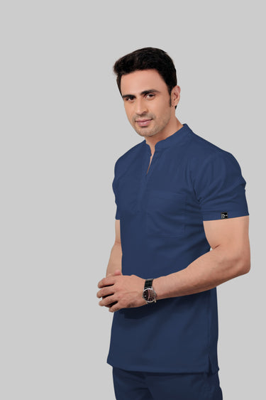 Stretchable (2Way) Male Navy Blue Mandarin Neck Scrub Top