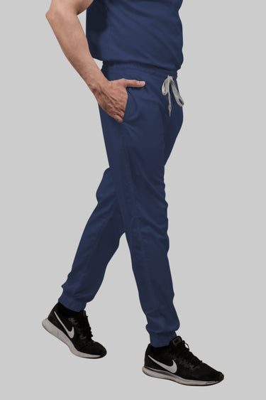 Stretchable (2Way) Female Navy Blue Mandarin Neck With Jogger Scrub Set