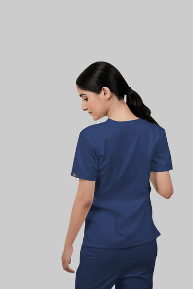 Stretchable (2Way) Female Navy Blue V-Neck With Straight Pant Scrub Set