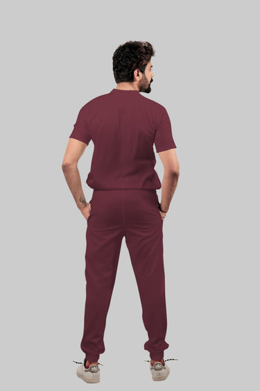 Stretchable (4Way) Male Burgundy Mandarin Neck with Jogger Scrub Set