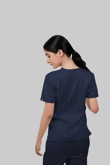 Stretchable (4Way) Female Navy Blue V-Neck With Joggers Scrub Set