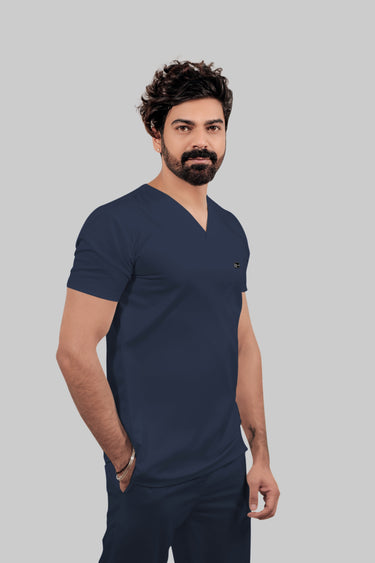 Stretchable (4Way) Male Navy Blue V-Neck With Jogger Scrub Set
