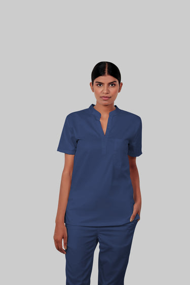 Stretchable (4Way) Female Royal Blue Mandarin Neck With Straight Pant Scrub Set
