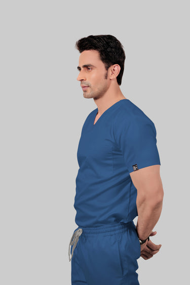 Stretchable (2Way) Male Steel Blue V-Neck With Straight Pant Scrub Set