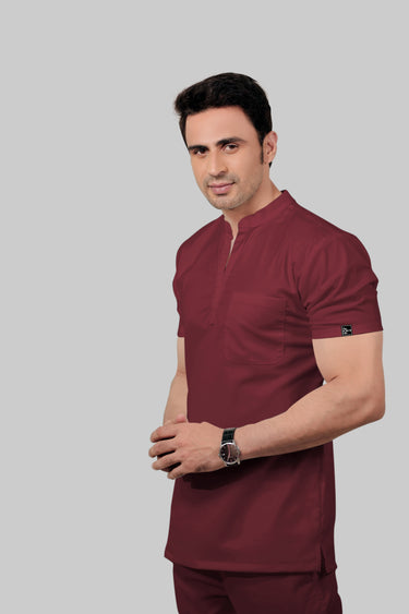 Stretchable (2Way) Male Maroon Mandarin Neck With Jogger Scrub Set
