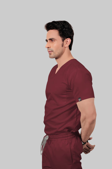 Stretchable (2Way) Male Maroon V-Neck With Straight Pant Scrub Set