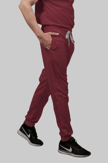Stretchable (2Way) Female Maroon Mandarin Neck With Jogger Scrub Set