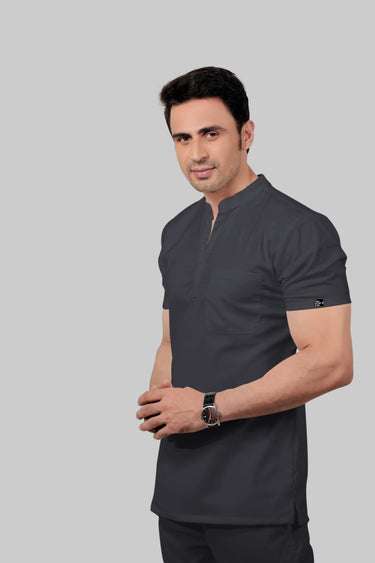Stretchable (2Way) Male Dark Gray Mandarin Neck With Jogger Scrub Set