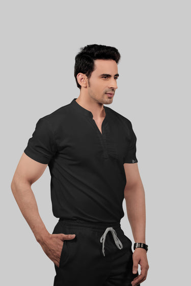 Stretchable (2Way) Male Black Mandarin Neck With Jogger Scrub Set
