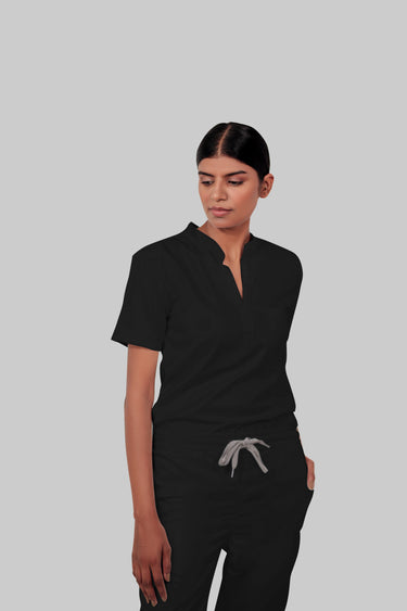 Stretchable (4Way) Female Black Mandarin Neck With Straight Pant Set