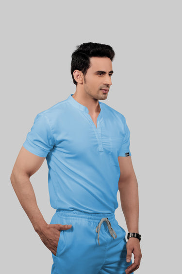 Stretchable (2Way) Male Light Blue Mandarin Neck With Jogger Scrub Set