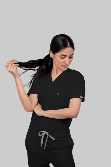 Stretchable (4Way) Female Black V-Neck With Jogger Scrub Set