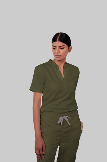 Stretchable (4Way) Female Olive Green Mandarin Neck With Straight Pant Scrub Set