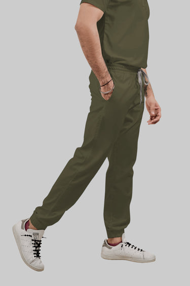 Stretchable (4Way) Female Olive Green V-Neck With Jogger Scrub Set