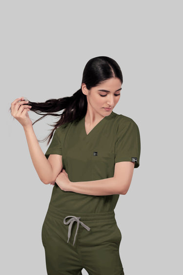 Stretchable (4Way) Female Olive Green V-Neck With Jogger Scrub Set