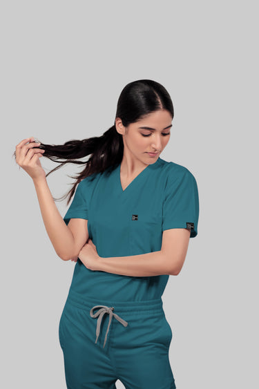 Stretchable (4Way) Female Peacock Blue V-Neck Scrub Top