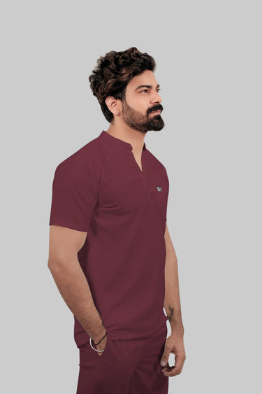 Stretchable (4Way) Male Mandarin Neck Burgundy Scrub Top