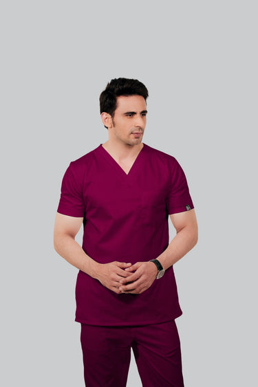 Stretchable (2Way) Men Wine V-Neck Scrub Top