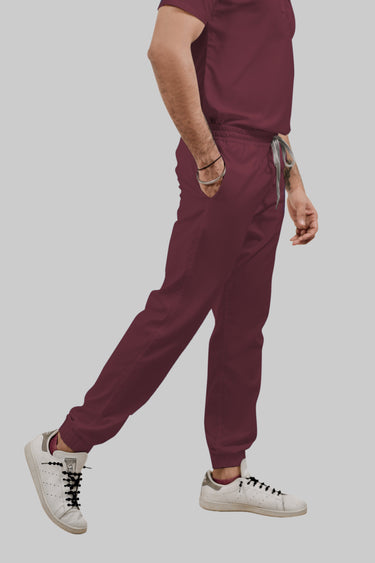 Stretchable (4Way) Female Burgundy V-Neck With Jogger Scrub Set